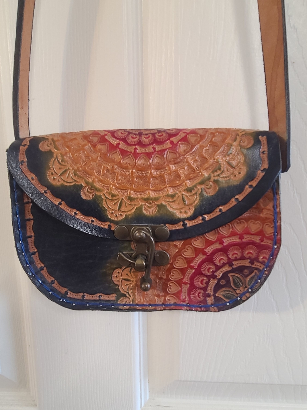 Hand Crafted Multicolor Leather Crossbody Bag with Antique Clasp